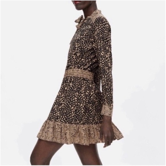 Zara Brown Ruffled Hem Long Sleeve Mini Dress Size M - Picture 4 of 9